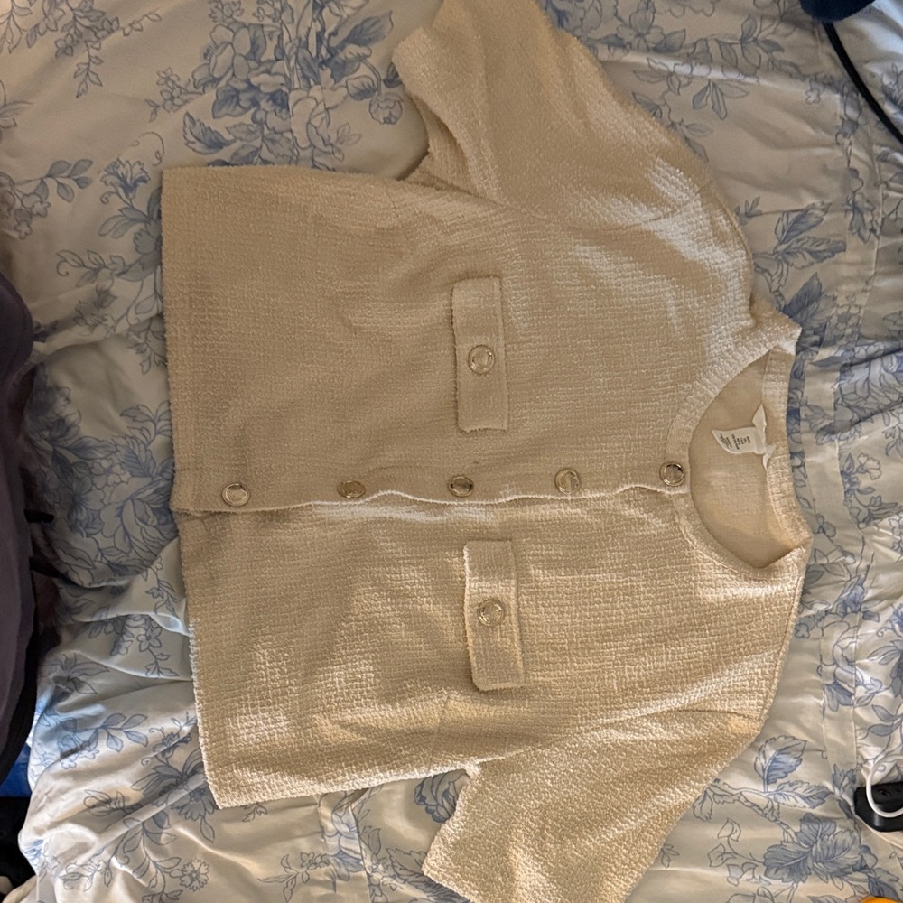 H&M Cream Short-Sleeve Textured Button Cardigan